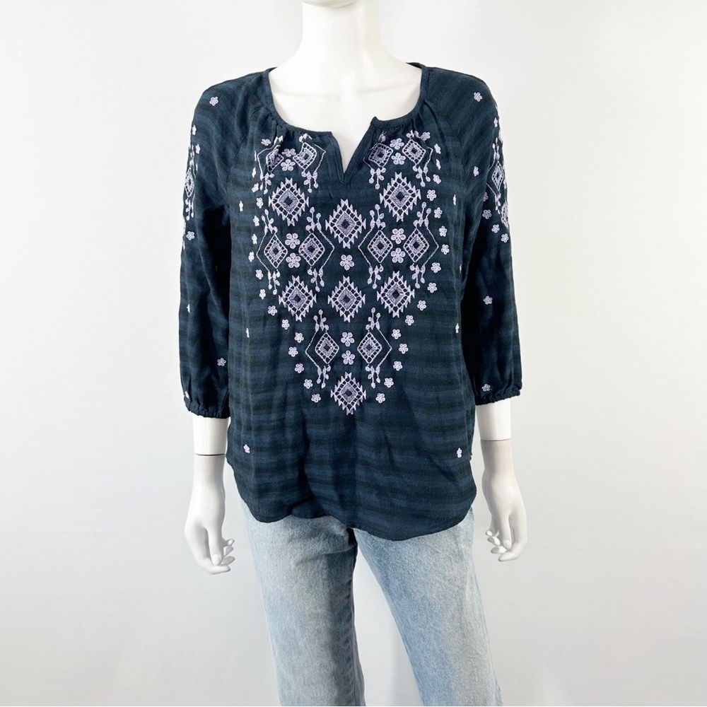 J. Jill Blue Plaid Embroidered Top Size XS Casual Western Boho Classic NEW